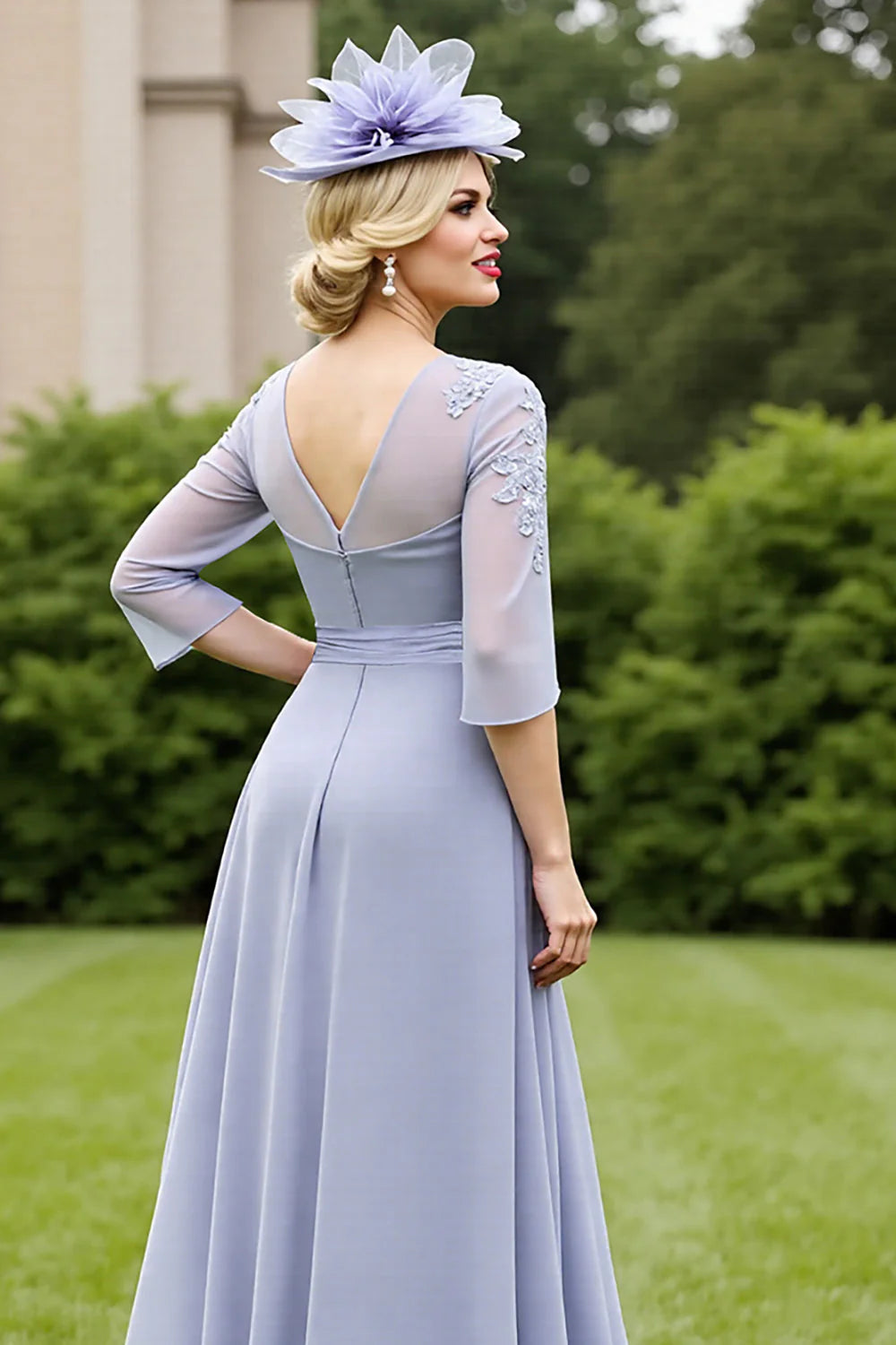 Grey Blue Chiffon A Line Long Full Of Charm Mother of Bride Dress